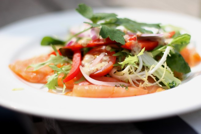 Healthy salmon salad, natural human food